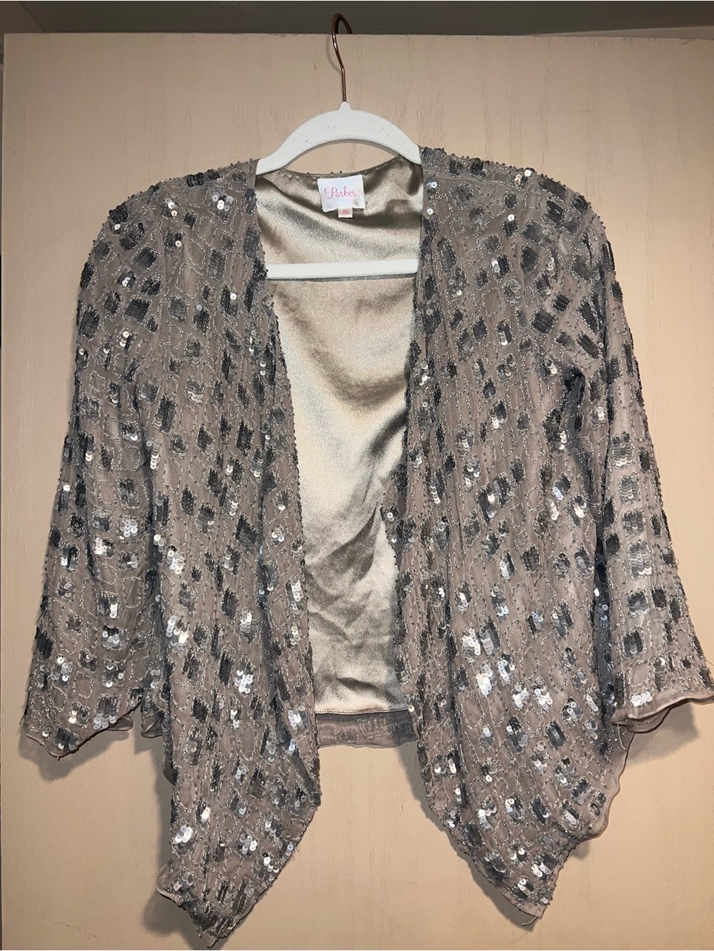 Parker Silver Silk Sequin Open-Front Shrug